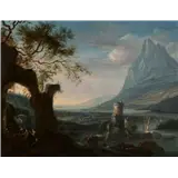 Follower of Herman Saftleven(18th century)Mountainous river landscape with merry figures outside a tavernOil on panel, 28.1 x 37.2 cm – kavel bij AAG Arts & Antiques Group