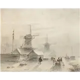 Andreas Schelfhout(The Hague 1787 - 1870)Windmills along a frozen waterway with many figures, horses and Koek-and-ZopieSigned lower leftMixed media… – kavel bij AAG Arts & Antiques