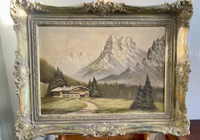 Alpenlandschap met berghut - gesigneerd schilderij – kavel bij Het Harener Veilinghuys, Tynaarlo