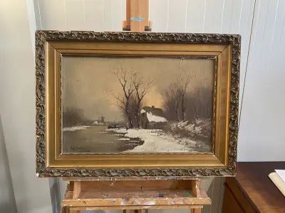Winterlandschap met boerderij en molen - gesigneerd schilderij – kavel bij Het Harener Veilinghuys, Tynaarlo