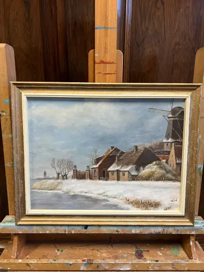 Winterlandschap met boerderij en molen – kavel bij Het Harener Veilinghuys, Tynaarlo