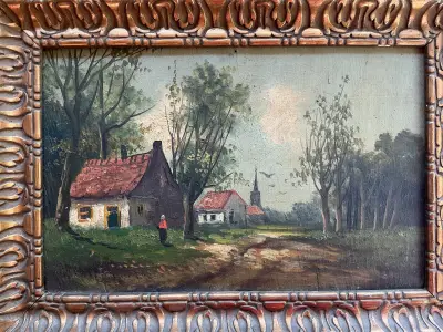 Antiek Hollands landschap met boerderijen – olieverf op paneel – kavel bij Het Harener Veilinghuys, Tynaarlo