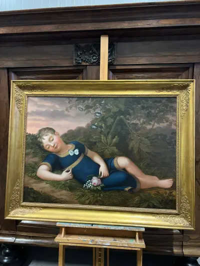 Slapend kind in de natuur met vlinders en bloemen (Philipp Otto Runge?) – kavel bij Het Harener Veilinghuys, Tynaarlo