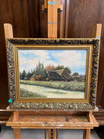 Klassiek schilderij (Boerderij aan het water, verm. Drenthe) – kavel bij Het Harener Veilinghuys, Tynaarlo