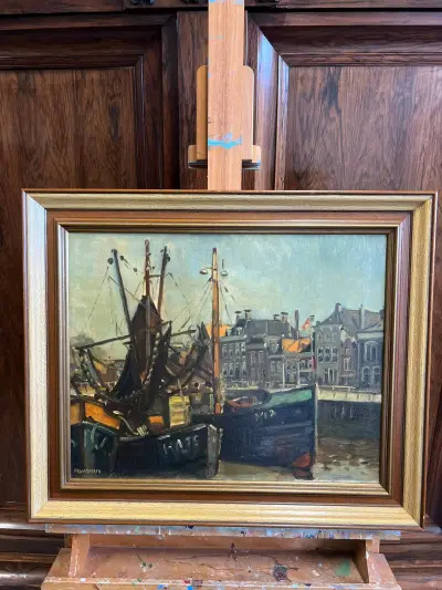 Schilderij de Kotters in Harlingen – kavel bij Het Harener Veilinghuys, Tynaarlo