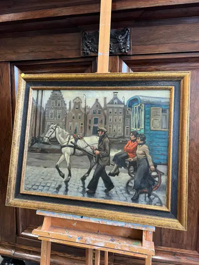P.H. van Asperen (1895-1969) - Woonwagen met paard in Hollands stadsgezicht – kavel bij Het Harener Veilinghuys, Tynaarlo