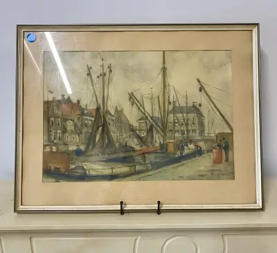 P.H. van Asperen – Harlinger Havengezicht met schepen – kavel bij Het Harener Veilinghuys, Tynaarlo