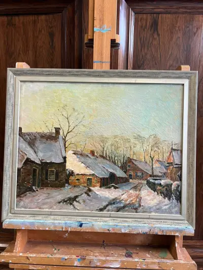 Olieverfschilderij - Winters dorpslandschap met boerderijen – kavel bij Het Harener Veilinghuys, Tynaarlo