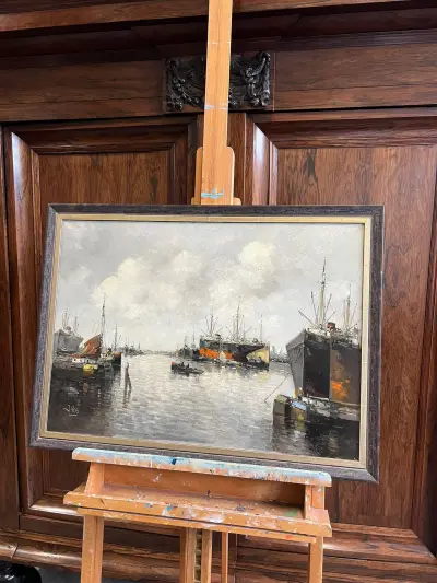 Olieverfschilderij - Havengezicht met vrachtschepen - gesigneerd J.Vos – kavel bij Het Harener Veilinghuys, Tynaarlo