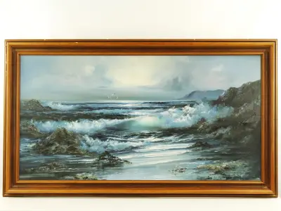 XL olieschilderij zeegezicht met golven en rotsen in houten lijst - C. Efel – kavel bij De Kringwinkel, Antwerpen