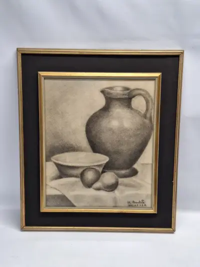 Originele houtskooltekening stilleven - H. Baetslé - 1946 – kavel bij De Kringwinkel, Gent