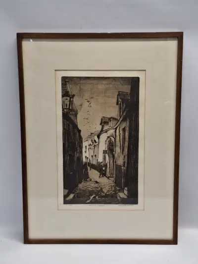 Originele ets 'Rue de la Cigogne' - Henri Quittelier – kavel bij De Kringwinkel, Gent