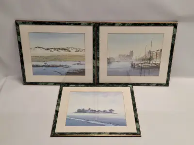 Set van 3 ingelijste landschapsprints / reproducties door Gerrit Neven - nederlandse kust-, duin- en stadsgezichten – kavel bij De Kringwinkel, Gent