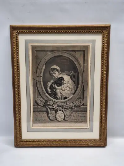 Antieke Gravure na Jean-Baptiste Greuze door Carlo Antonio Porporati - "Dédié à Le Duc de Choiseul" (kind met hondje) – kavel bij De Kringwinkel, Gent
