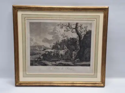 Antieke gravure naar Adriaen van de Velde door François Basan - "Le retour des champs" (Het terugkeren van de velden) – kavel bij De Kringwinkel, Gent