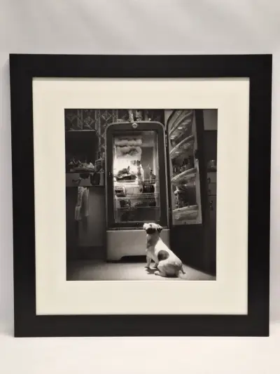 Ingelijste zwart-wit kunstfoto - hond voor een openstaande vintage koelkast (inlijsting door Schleiper) – kavel bij De Kringwinkel, Gent