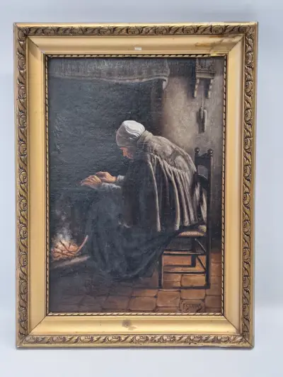Antiek olieverfschilderij op doek - "oude vrouw bij de haard" - gesigneerd F. Serras – kavel bij De Kringwinkel, Gent
