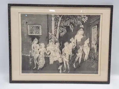 Authentieke Indische/Aziatische ets / grafiek - "klassiek figuratief tafereel" - A. Dutta (1974) – kavel bij De Kringwinkel, Gent