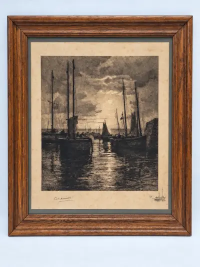 Gesigneerde ets met remarque - Vissersboten bij maanlicht - Émile Humblot – kavel bij De Kringwinkel, Gent
