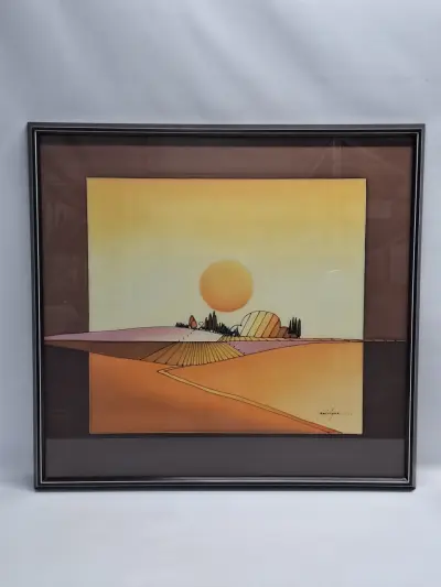 Vintage stilistisch landschap "Ondergaande zon over velden" - gesigneerd Galvique – kavel bij De Kringwinkel, Gent