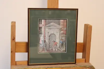 Ingelijste prent met historische stedelijke scène – kavel bij GSD Auctions, Zoeterwoude
