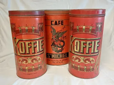 3 antieke winkelblikken voor koffie – kavel bij De Kringwinkel, Oudenaarde