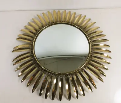 Vintage zonnespiegel in verguld metaal – Hollywood Regency stijl – kavel bij De Kringwinkel, Turnhout
