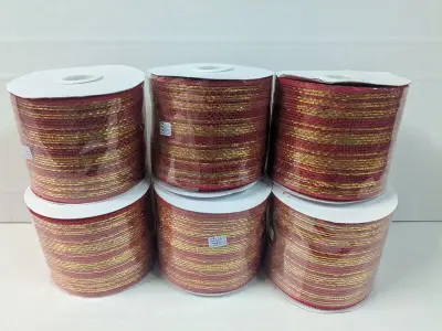6x Juteband -jute lint - kerst, rood / goud, 10 cm x 18 mtr – kavel bij Onlineveilingmeester