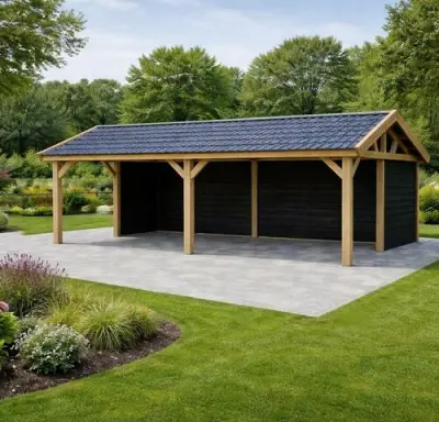 Mix van overkappingen, hekwerk, houten tuinmeubels, speeltoestellen, e.a. - Lummen – veiling bij Belga Veilingen, Lummen
