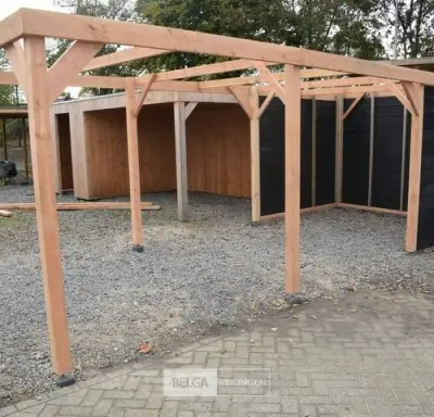 Carport/overkapping met berging, afm B410xD720xH235/225 cm – kavel bij Belga Veilingen, Lummen