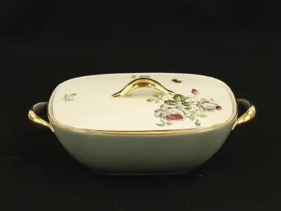 Boch - vintage serveerschaal met deksel, bloemendecor en goudkleurige accenten – kavel bij De Kringwinkel, Antwerpen