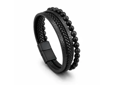 Heren Armband Zwart Gevlochten Design met Kralen – kavel bij XL Auctions