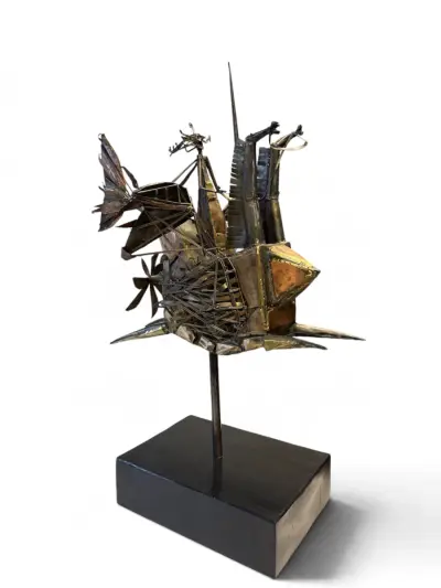 Brutalistisch metalen sculptuur 'Vliegmachine met ridder' (1994) – Lafargue – kavel bij De Kringwinkel, Gent