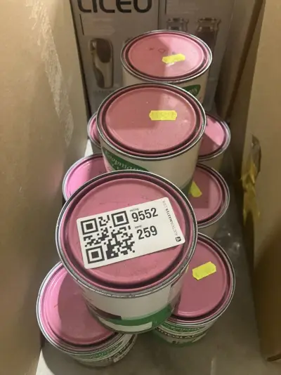 9x Blikken verf, Koopmans, zijdeglans, roze – kavel bij Onlineveilingmeester, Kootstertille