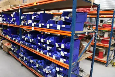 Voorraden op 4 legborden w.o. inbouwdozen, inbouwmaterialen, PVC koppelingen, signaaldraad, diverse restantkabels etc. Let op! Ophalen op eerste af… – kavel bij HNVI, 's-Hertogenbo