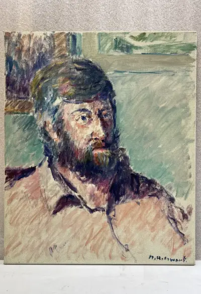 Vintage post-impressionistisch portretschilderij op doek – Zelfportret / mannenportret met baard, gesigneerd R. Hollevoet, midden/tweede helft 20e… – kavel bij De Kringwinkel, Waar