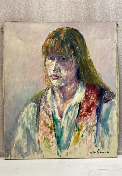 Vintage expressionistisch portretschilderij op doek – Portret van een jonge vrouw / man met sjaal, gesigneerd R. Hollevoet, midden/tweede helft 20e… – kavel bij De Kringwinkel, Waa