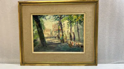 Vintage impressionistisch olieverfschilderij – Zonnig stadsplein met bomen en figuren, gesigneerd R. Hollevoet, midden 20e eeuw – kavel bij De Kringwinkel, Waardamme