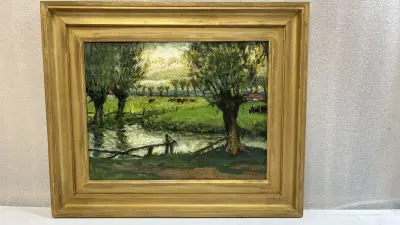 Vintage luministisch olieverfschilderij op doek/paneel – Vlaams weidelandschap met knotwilgen en vee langs de beek, gesigneerd L. Vande Kerckhove,… – kavel bij De Kringwinkel, Waar