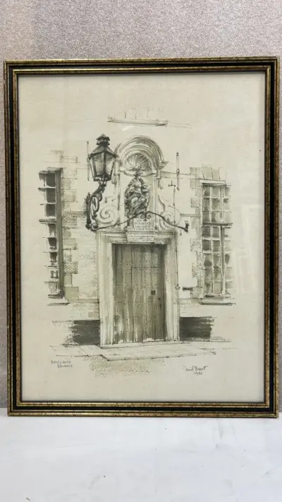 Vintage ingelijste tekening / lithografie – Poort van het Prinselijk Begijnhof Ten Wijngaerde te Brugge, gesigneerd Miel Baert, 1986 – kavel bij De Kringwinkel, Waardamme