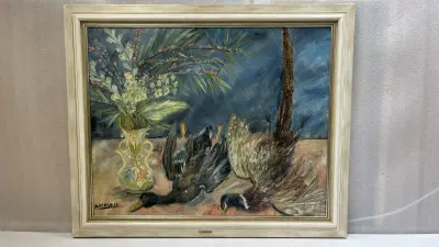 Monumentaal olieverfschilderij op doek – Jachtstilleven met fazant, wilde eend en bloemenvaas, gesigneerd Martin Neirynck (inclusief echtheidscerti… – kavel bij De Kringwinkel, Waa