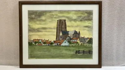 Vintage ingelijste aquarel – Gezicht op Damme met de Onze-Lieve-Vrouw-Hemelvaartkerk, 20e eeuw – kavel bij De Kringwinkel, Waardamme