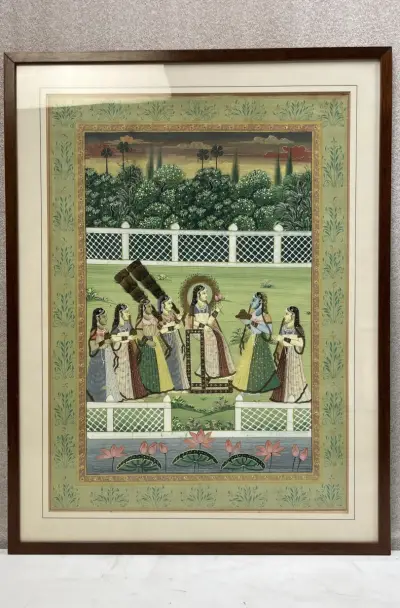 Traditionele Indiase miniatuurschildering in kader – Vorstelijk tafereel in paleistuin (Kishangarh / Rajasthan stijl), 20e eeuw – kavel bij De Kringwinkel, Waardamme