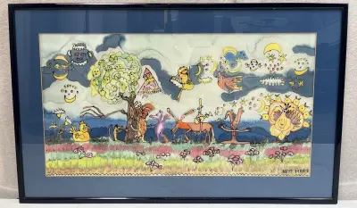 Monumentaal surrealistisch aquarel & inktwerk – Fantasielandschap met dieren en hemellichamen, gesigneerd Neyt Marie – kavel bij De Kringwinkel, Waardamme