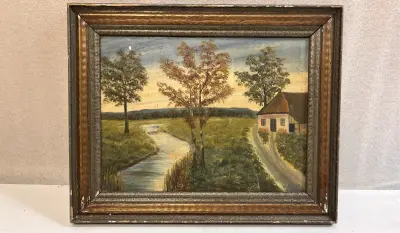 Antiek olieverfschilderij op paneel – Landelijk Vlaams rivierlandschap met hoeve, gesigneerd Albéric Ruelandt, gedateerd 1939 – kavel bij De Kringwinkel, Waardamme