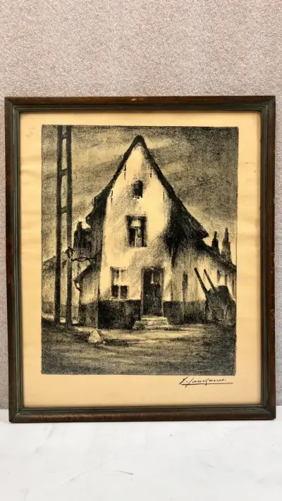 Vintage ingelijste houtskooltekening / lithografie – Landelijke Vlaamse hoeve, gesigneerd J./L. Janssens, midden 20e eeuw – kavel bij De Kringwinkel, Waardamme
