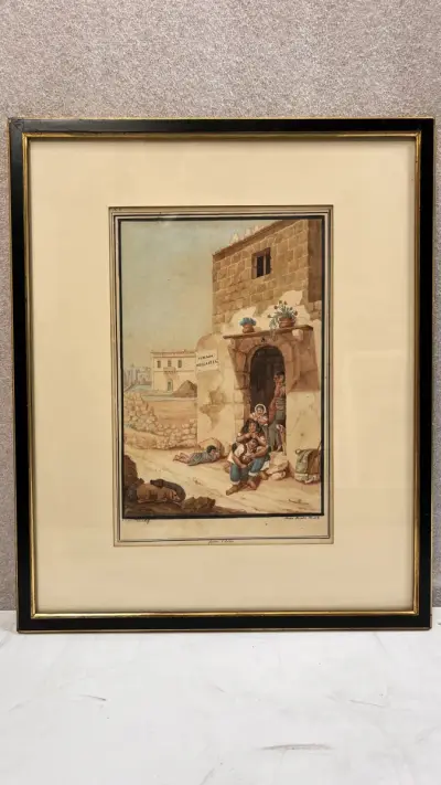 Antieke ingelijste lithografie naar C.F. von Brockdorff – Maltees straattafereel bij Strada della Città, 19e eeuw – kavel bij De Kringwinkel, Waardamme