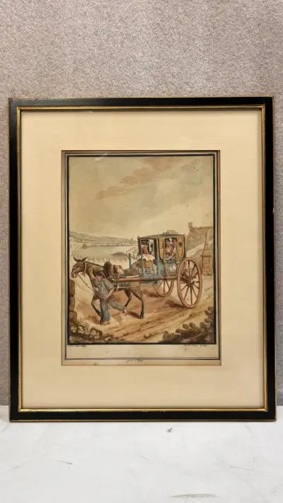Antieke ingelijste prent naar C.F. von Brockdorff – Maltees rijtuig (Calesse) bij de kust van Malta, 19e eeuw – kavel bij De Kringwinkel, Waardamme