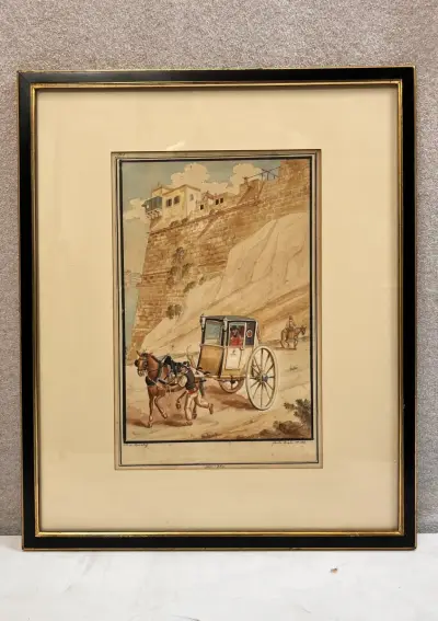 Antieke ingelijste lithografie naar C.F. von Brockdorff – Maltees rijtuig (Calesse) bij Strada Reale, 19e eeuw – kavel bij De Kringwinkel, Waardamme