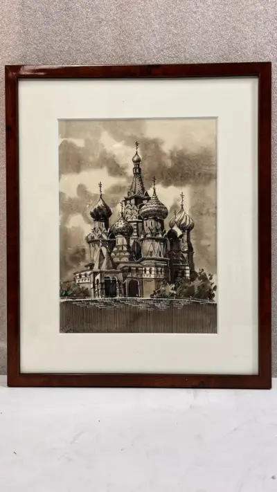 Ingelijste Architecturale Tekening in Sepia "Orthodoxe Kathedraal" (Kunsthandel Ter Reie, Brugge) – kavel bij De Kringwinkel, Waardamme